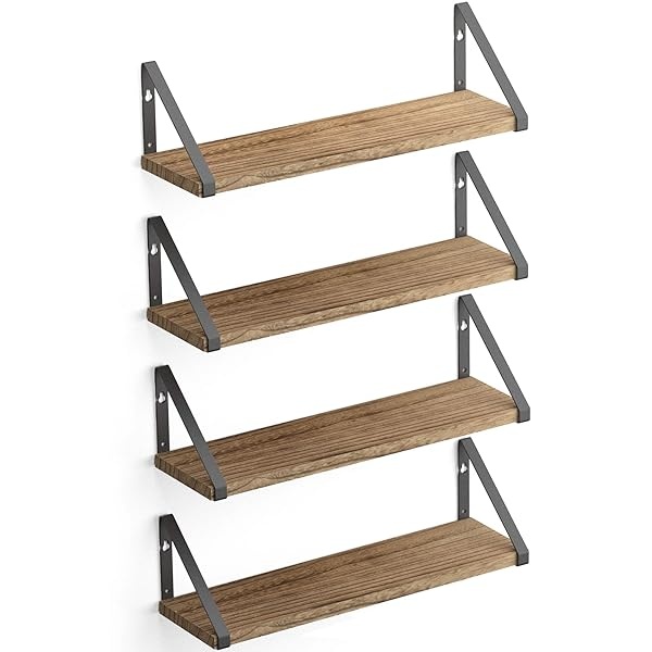 Wallniture Ponza - Juego de 4 estantes flotantes para montar en la pared, estantes de almacenamiento para cocina y despensa, madera rústica quemada natural, decoración de pared con soporte flotante de metal