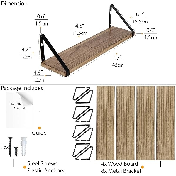 Wallniture Ponza - Juego de 4 estantes flotantes para montar en la pared, estantes de almacenamiento para cocina y despensa, madera rústica quemada natural, decoración de pared con soporte flotante de metal - Image 8