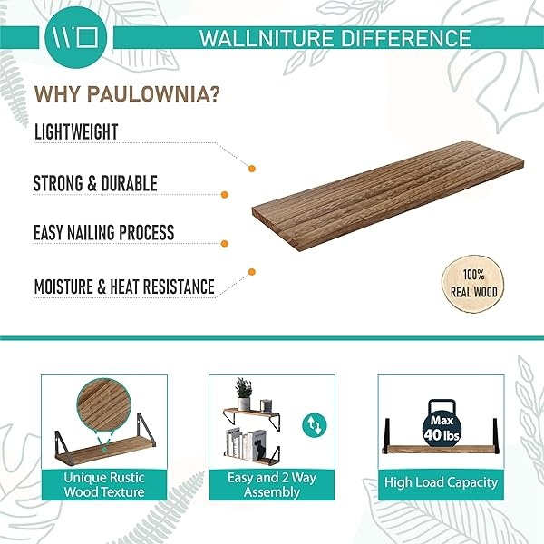 Wallniture Ponza - Juego de 4 estantes flotantes para montar en la pared, estantes de almacenamiento para cocina y despensa, madera rústica quemada natural, decoración de pared con soporte flotante de metal - Image 9