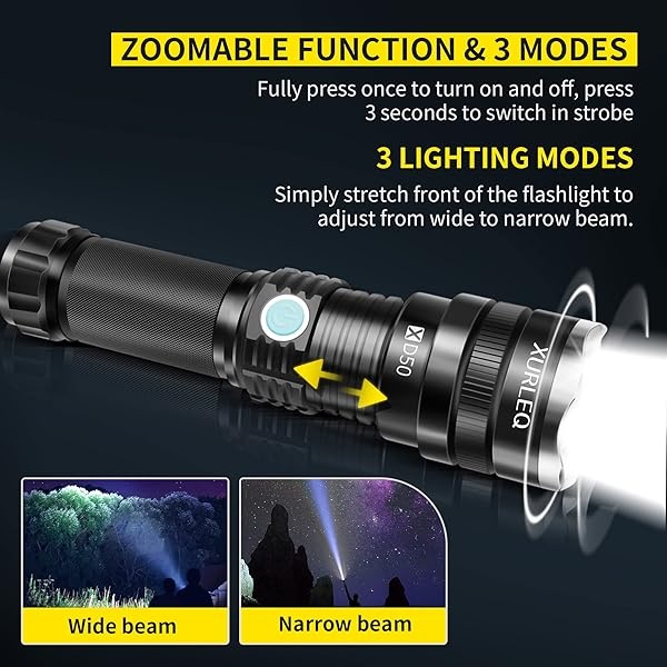 XURLEQ - Linterna recargable de alta luminosidad, 3 modos, ajustable, impermeable, táctica, linterna LED para camping, ciclismo, senderismo, emergencia al aire última intervensión - Image 5