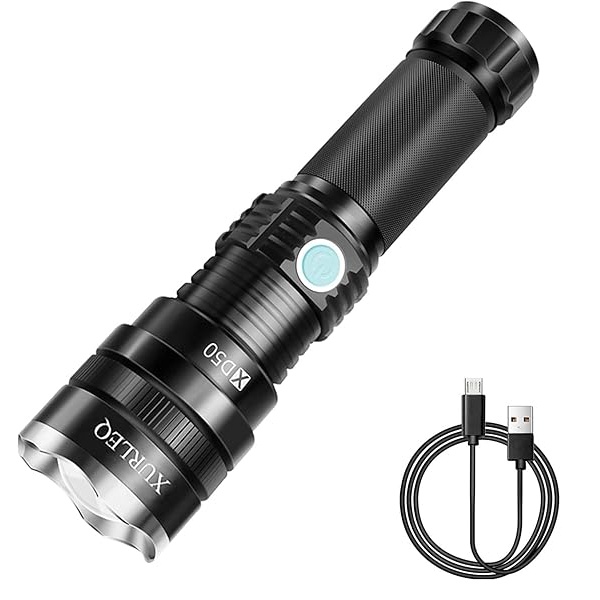 XURLEQ - Linterna recargable de alta luminosidad, 3 modos, ajustable, impermeable, táctica, linterna LED para camping, ciclismo, senderismo, emergencia al aire última intervensión