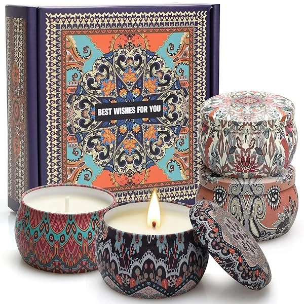 YMing - Juego de velas perfumadas para regalo, velas para mujeres, 8% de aceite esencial, paquete de 4 velas de aromaterapia de 4.5 onzas, regalos para aliviar el estrés para novia, profesor, mamá, aniversario, cumpleaños, Navidad