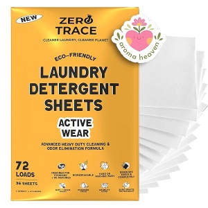 Zero Trace Hojas de detergente para ropa (72 cargas, aroma fresco) sin plástico, ecológicas, seguras para pieles sensibles (uso activo)