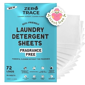Zero Trace Hojas de detergente para ropa (72 cargas, aroma fresco) sin plástico, ecológicas, seguras para pieles sensibles (sin fragancia)
