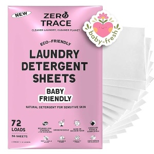 Zero Trace Hojas de detergente para ropa (72 cargas, aroma fresco) sin plástico, ecológicas, seguras para pieles sensibles (aptas para bebé)