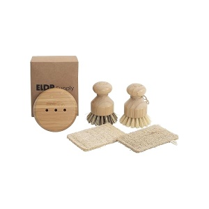 Zero Waste Dish Cleaning Starter Kit Biodegradable Pot and Dish Brushes, dos esponjas naturales de lufa, bandeja de jabón de bambú sostenible, set para platos, frutas, verduras y utensilios de cocina de hierro fundido