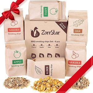 Zorestar - Chips de madera para ahumador, 6 unidades, paquete variado de virutas de madera 100% natural Chips de madera de aliso, chips de madera de manzana, chips de madera de cerezo y mucho más