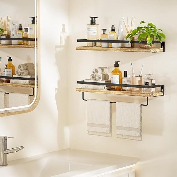 AMADA HOMEFURNISHING - Juego de 2 estantes de baño con Barra de Toallas, estantes flotantes, estantes de Pared para baño, Sala de Estar, Cocina/recámara, estantes de Color café Claro - AMFS01 - Image 3