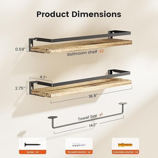 AMADA HOMEFURNISHING - Juego de 2 estantes de baño con Barra de Toallas, estantes flotantes, estantes de Pared para baño, Sala de Estar, Cocina/recámara, estantes de Color café Claro - AMFS01 - Image 4