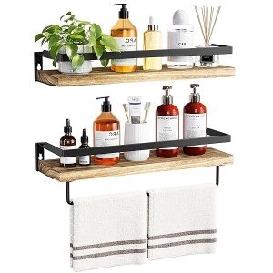 AMADA HOMEFURNISHING - Juego de 2 estantes de baño con Barra de Toallas, estantes flotantes, estantes de Pared para baño, Sala de Estar, Cocina/recámara, estantes de Color café Claro - AMFS01