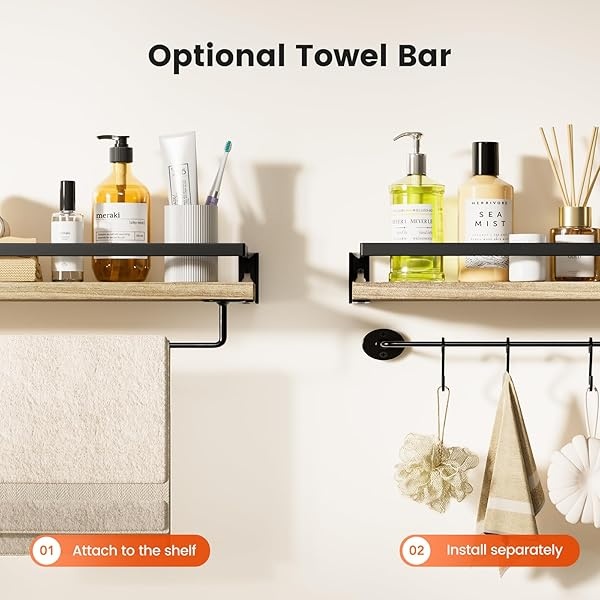 AMADA HOMEFURNISHING - Juego de 2 estantes de baño con Barra de Toallas, estantes flotantes, estantes de Pared para baño, Sala de Estar, Cocina/recámara, estantes de Color café Claro - AMFS01 - Image 5