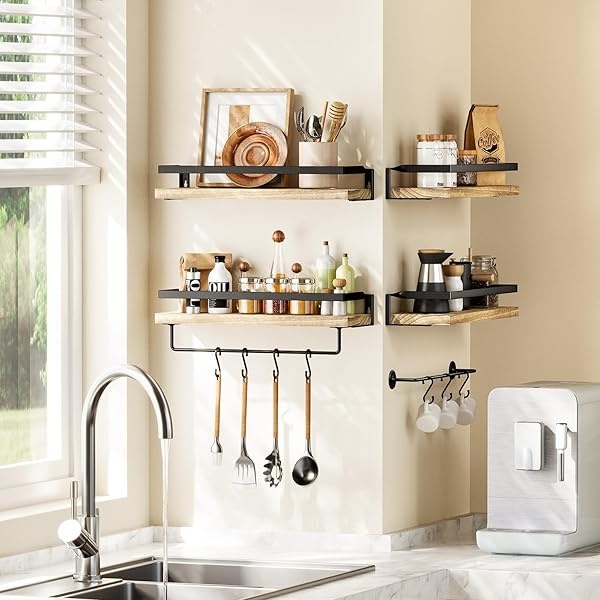 AMADA HOMEFURNISHING - Juego de 2 estantes de baño con Barra de Toallas, estantes flotantes, estantes de Pared para baño, Sala de Estar, Cocina/recámara, estantes de Color café Claro - AMFS01 - Image 6