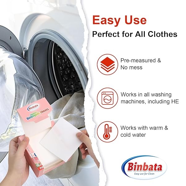 Binbata Hojas de detergente para ropa sucia, 64 piezas (128 cargas), hipoalergénicas, ecológicas, con aroma a melocotón, sin plástico biodegradable, sin líquido, detergente adecuado para pieles sensibles - Image 4