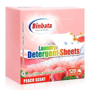 Binbata Hojas de detergente para ropa sucia, 64 piezas (128 cargas), hipoalergénicas, ecológicas, con aroma a melocotón, sin plástico biodegradable, sin líquido, detergente adecuado para pieles sensibles
