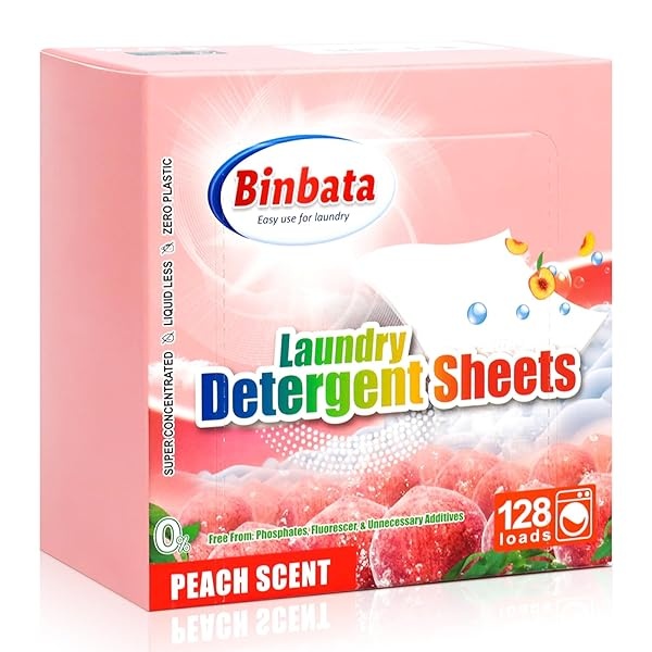Binbata Hojas de detergente para ropa sucia, 64 piezas (128 cargas), hipoalergénicas, ecológicas, con aroma a melocotón, sin plástico biodegradable, sin líquido, detergente adecuado para pieles sensibles