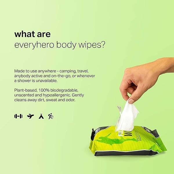 everyHERO Toallitas de ducha corporal y cara para adultos (20 unidades) – sin perfume, extra grandes de 13 x 12 pulgadas, biodegradables, sin enjuague, toallitas limpiadoras para camping, deportes, viajes y mucho más - Image 3