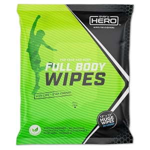 everyHERO Toallitas de ducha corporal y cara para adultos (20 unidades) – sin perfume, extra grandes de 13 x 12 pulgadas, biodegradables, sin enjuague, toallitas limpiadoras para camping, deportes, viajes y mucho más