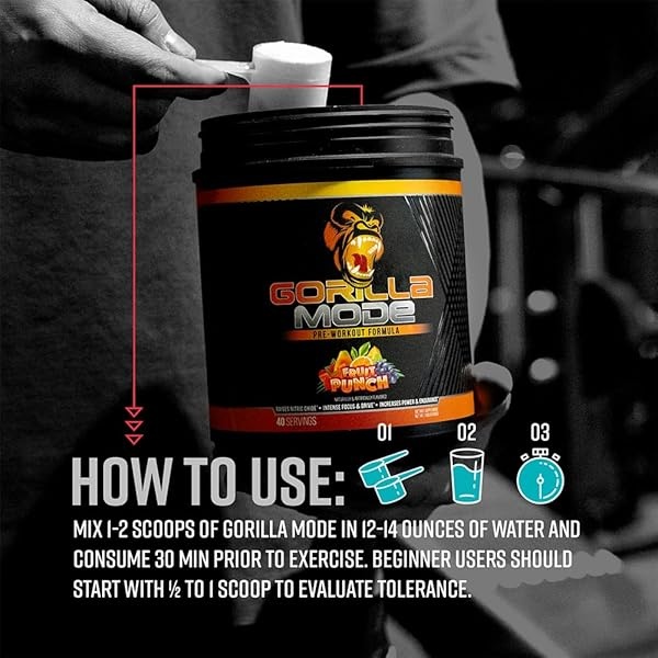 Gorilla Mode Pre Workout - Bombas masivas · Enfoque láser · Energía · Potencia - L-citrulina, creatina, GlycerPump™, L-tirosina, agmatina, kanna, citrato de N-fenetilo dimetilamina - 617 gramos (sangre de tigre) - Image 4