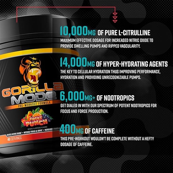 Gorilla Mode Pre Workout - Bombas masivas · Enfoque láser · Energía · Potencia - L-citrulina, creatina, GlycerPump™, L-tirosina, agmatina, kanna, citrato de N-fenetilo dimetilamina - 617 gramos (sangre de tigre) - Image 5
