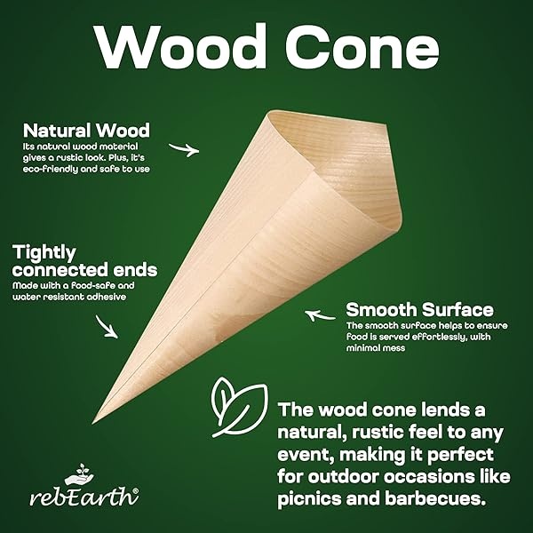 rebEarth Conos de madera natural, 100 unidades, 3 tamaños: 3.5 pulgadas, 5 y 7.2 pulgadas, respetuoso con el medio ambiente, duradero, resistente al calor, gran alternativa al plástico (7.25) - Image 3