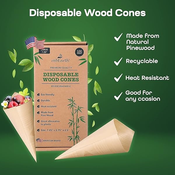 rebEarth Conos de madera natural, 100 unidades, 3 tamaños: 3.5 pulgadas, 5 y 7.2 pulgadas, respetuoso con el medio ambiente, duradero, resistente al calor, gran alternativa al plástico (7.25) - Image 4