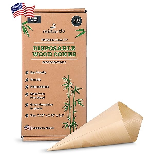 rebEarth Conos de madera natural, 100 unidades, 3 tamaños: 3.5 pulgadas, 5 y 7.2 pulgadas, respetuoso con el medio ambiente, duradero, resistente al calor, gran alternativa al plástico (7.25)