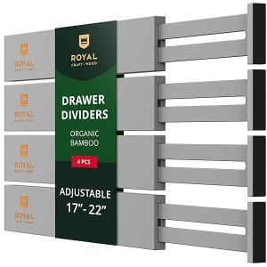 Separadores de cajones de bambú ajustables – Separadores de cajones expandibles para cocina, tocador, dormitorio, baño y oficina, paquete de 4 (grande (hasta 22 pulgadas), gris)
