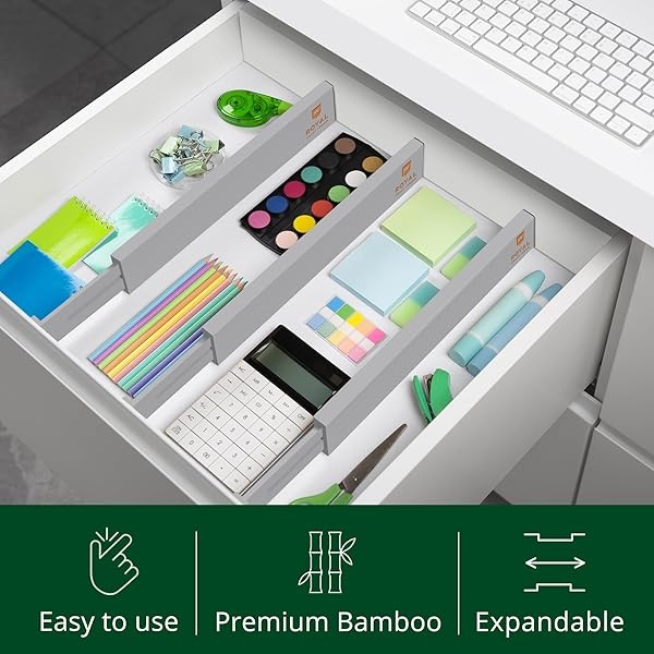 Separadores de cajones de bambú ajustables – Separadores de cajones expandibles para cocina, tocador, dormitorio, baño y oficina, paquete de 4 (grande (hasta 22 pulgadas), gris) - Image 6