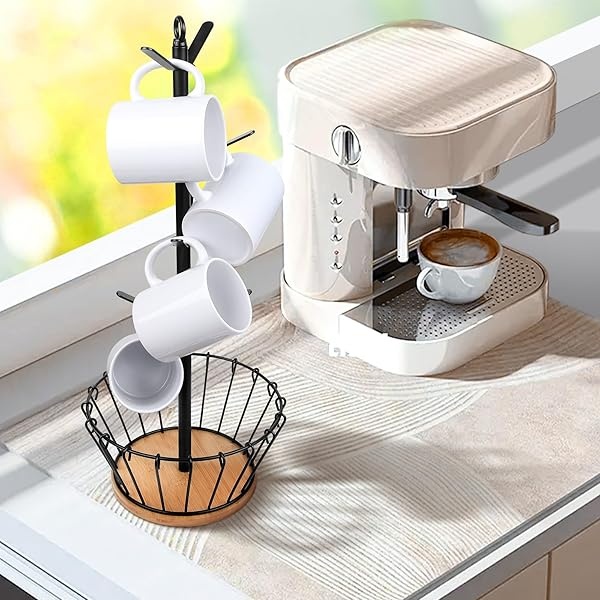simesove Árbol de taza, soporte para colgar tazas, soporte para tazas de café con 8 ganchos, soporte de metal en forma de árbol, base de bambú con cesta de café para organizador de encimera de cocina - Image 3