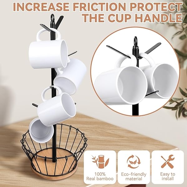 simesove Árbol de taza, soporte para colgar tazas, soporte para tazas de café con 8 ganchos, soporte de metal en forma de árbol, base de bambú con cesta de café para organizador de encimera de cocina - Image 4