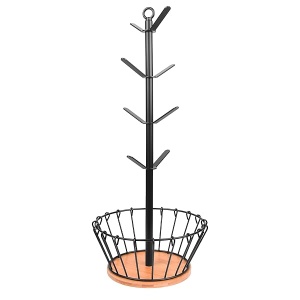 simesove Árbol de taza, soporte para colgar tazas, soporte para tazas de café con 8 ganchos, soporte de metal en forma de árbol, base de bambú con cesta de café para organizador de encimera de cocina