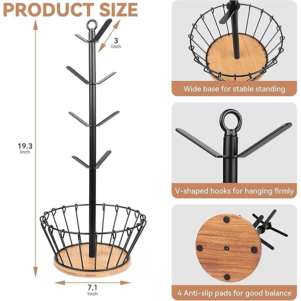 simesove Árbol de taza, soporte para colgar tazas, soporte para tazas de café con 8 ganchos, soporte de metal en forma de árbol, base de bambú con cesta de café para organizador de encimera de cocina - Image 5