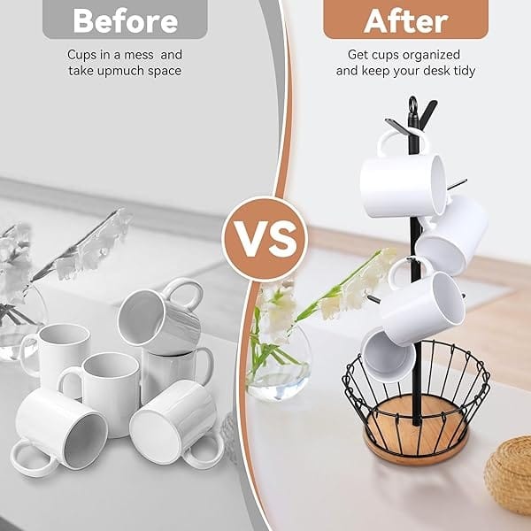 simesove Árbol de taza, soporte para colgar tazas, soporte para tazas de café con 8 ganchos, soporte de metal en forma de árbol, base de bambú con cesta de café para organizador de encimera de cocina - Image 6