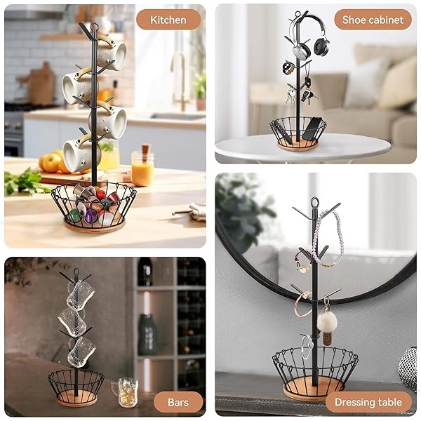 simesove Árbol de taza, soporte para colgar tazas, soporte para tazas de café con 8 ganchos, soporte de metal en forma de árbol, base de bambú con cesta de café para organizador de encimera de cocina - Image 7