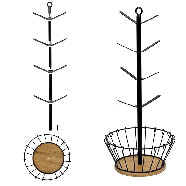 simesove Árbol de taza, soporte para colgar tazas, soporte para tazas de café con 8 ganchos, soporte de metal en forma de árbol, base de bambú con cesta de café para organizador de encimera de cocina - Image 8